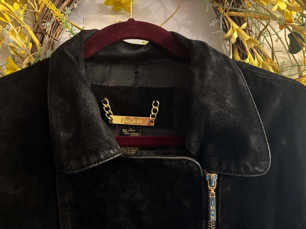 IMAN Global Chic Women's Black Suede Leather Asymmetrical Moto Jacket - Picture 3 of 5
